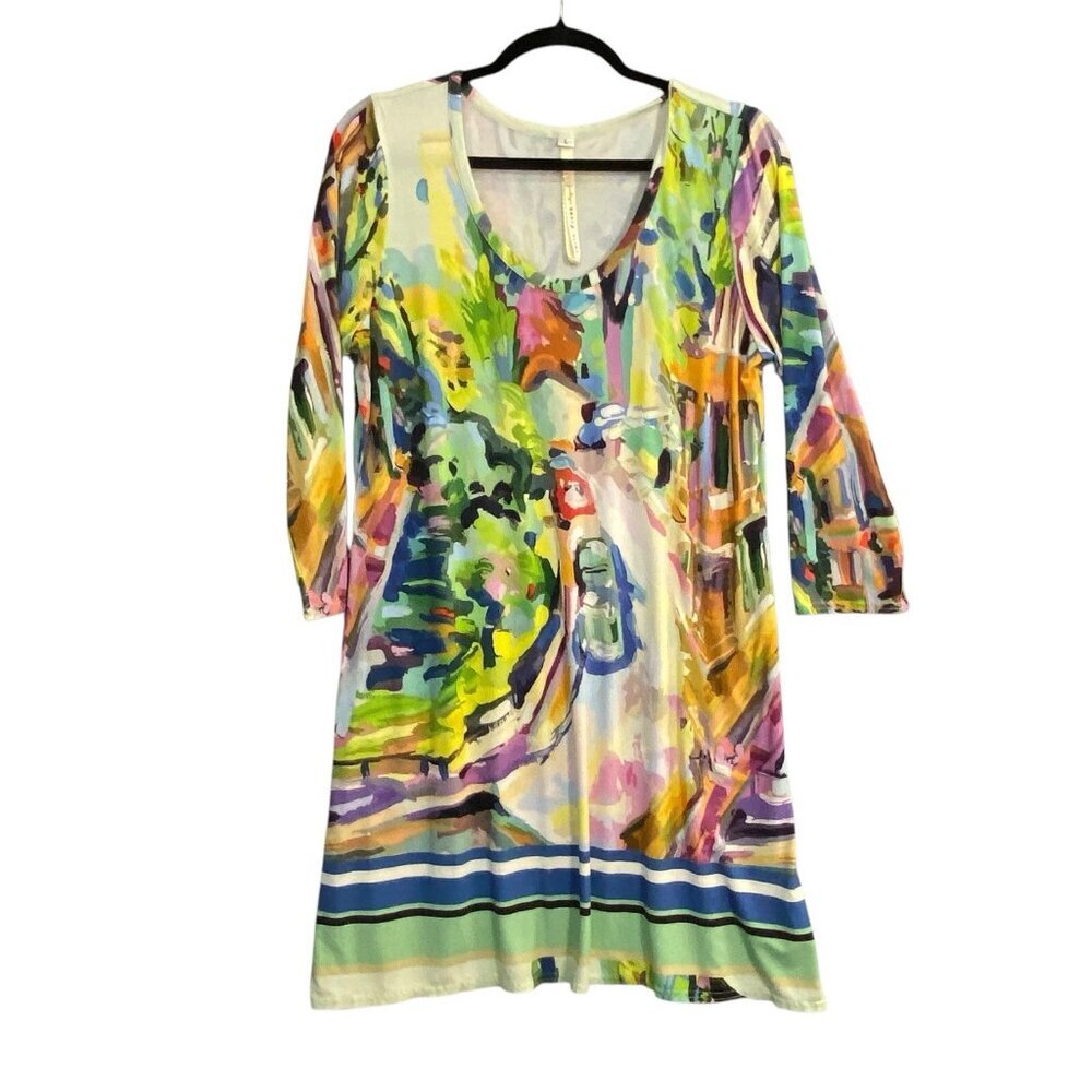 Vtg Uncle Frank Women Watercolor Dress Sz L Multicolor Abstract Long Sleeve 43-5